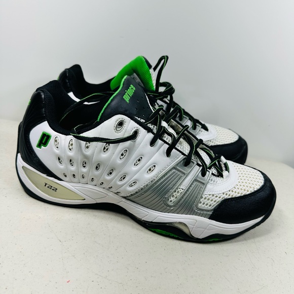 Prince Black, White, and Green Tennis Shoes 13 - Picture 3 of 7